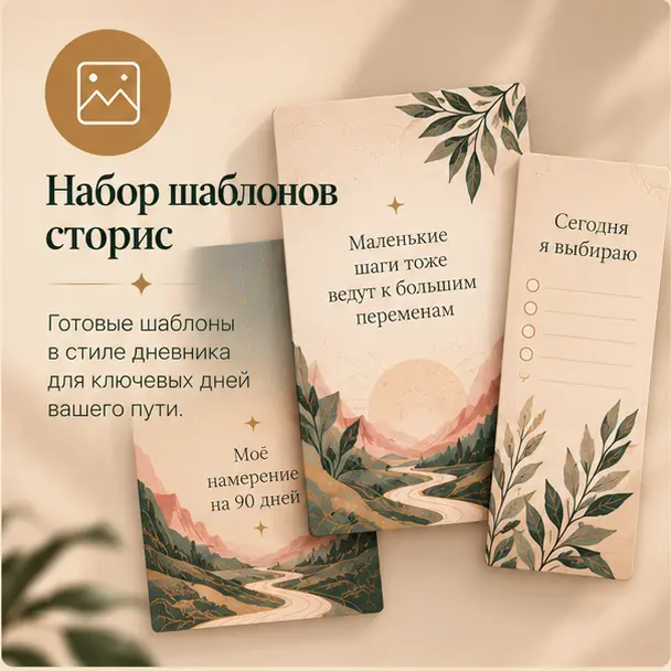Набор шаблонов сторис. Готовые шаблоны в стиле дневника для ключевых дней вашего пути.